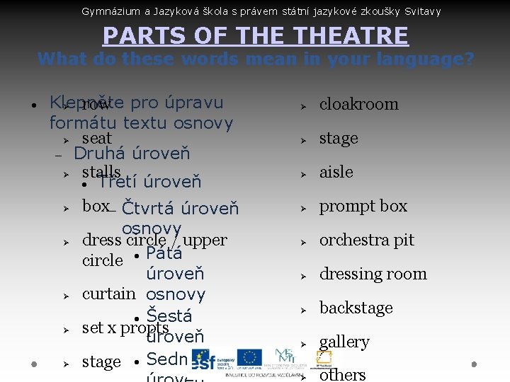 Gymnázium a Jazyková škola s právem státní jazykové zkoušky Svitavy PARTS OF THEATRE What