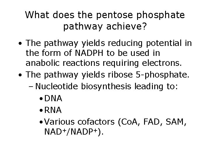 What does the pentose phosphate pathway achieve? • The pathway yields reducing potential in