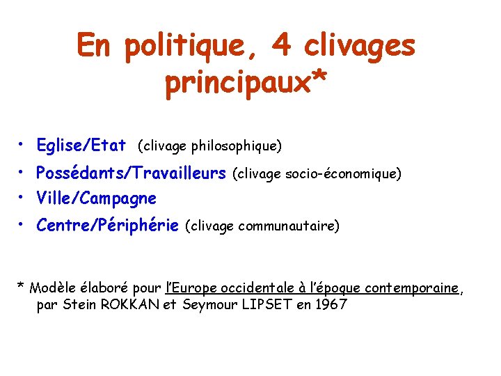 En politique, 4 clivages principaux* • Eglise/Etat (clivage philosophique) • Possédants/Travailleurs (clivage socio-économique) •