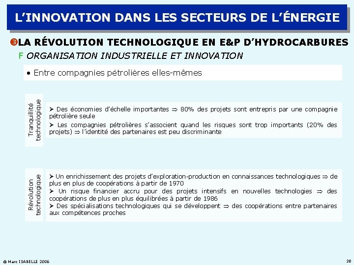 L’INNOVATION DANS LES SECTEURS DE L’ÉNERGIE LA RÉVOLUTION TECHNOLOGIQUE EN E&P D’HYDROCARBURES F ORGANISATION