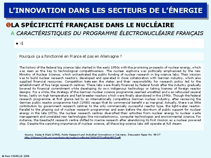 L’INNOVATION DANS LES SECTEURS DE L’ÉNERGIE LA SPÉCIFICITÉ FRANÇAISE DANS LE NUCLÉAIRE A CARACTÉRISTIQUES