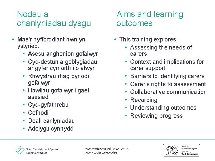 Nodau a chanlyniadau dysgu • Mae'r hyfforddiant hwn yn ystyried: • Asesu anghenion gofalwyr