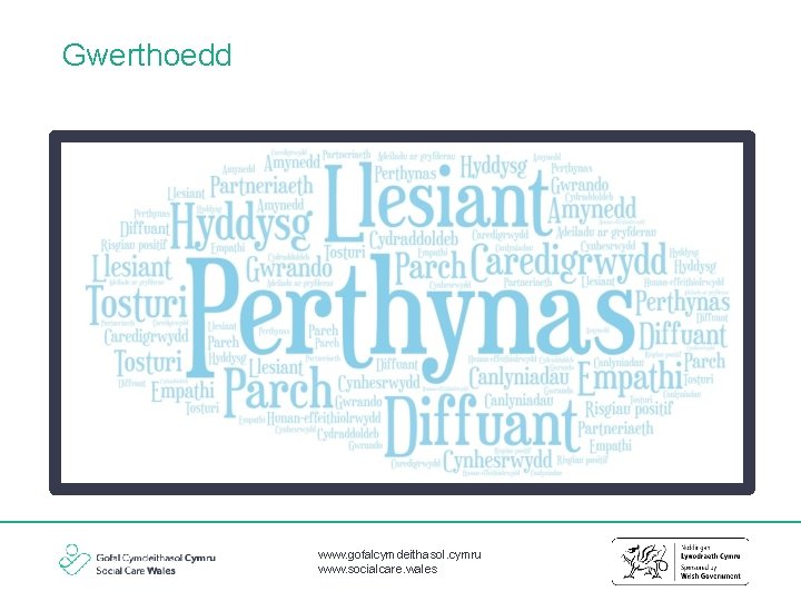 Gwerthoedd www. gofalcymdeithasol. cymru www. socialcare. wales 