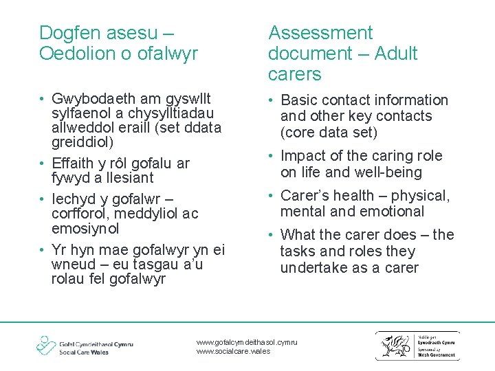 Dogfen asesu – Oedolion o ofalwyr Assessment document – Adult carers • Gwybodaeth am