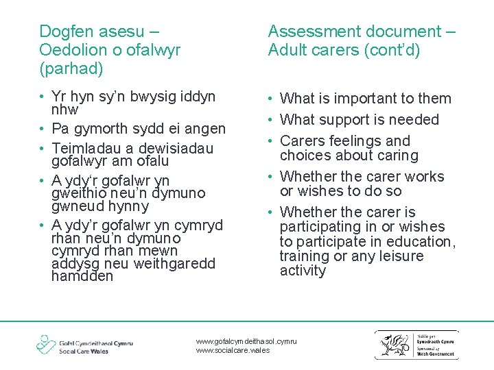 Dogfen asesu – Oedolion o ofalwyr (parhad) Assessment document – Adult carers (cont’d) •