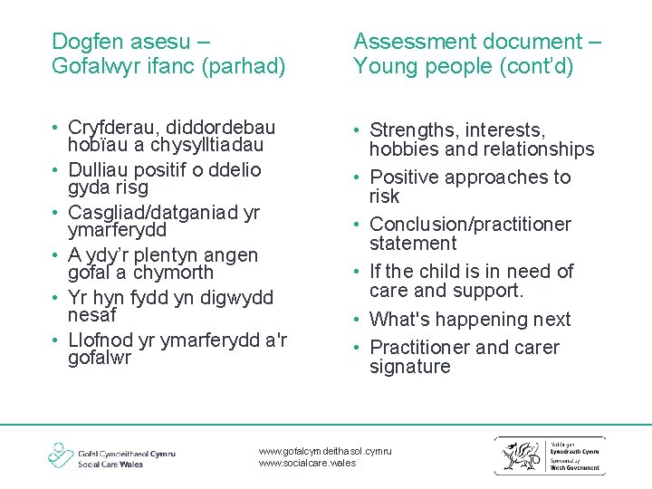 Dogfen asesu – Gofalwyr ifanc (parhad) Assessment document – Young people (cont’d) • Cryfderau,