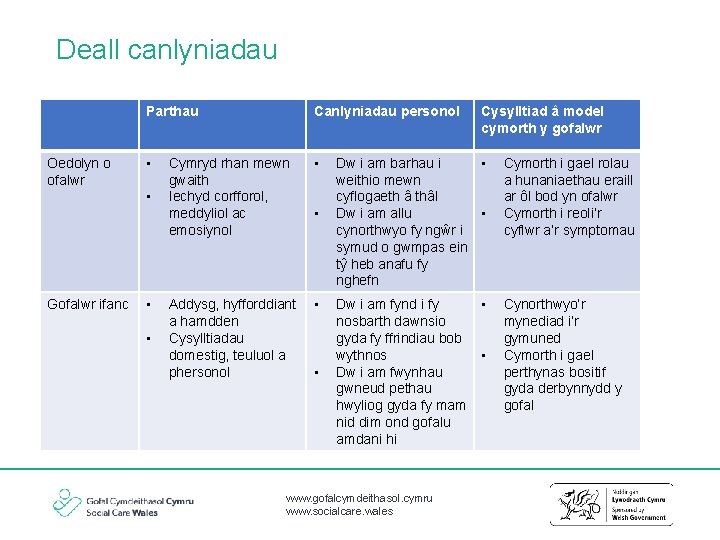 Deall canlyniadau Oedolyn o ofalwr Parthau Canlyniadau personol • • • Gofalwr ifanc •