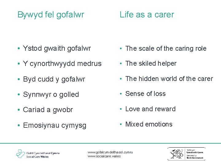 Bywyd fel gofalwr Life as a carer • Ystod gwaith gofalwr • The scale