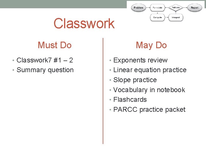 Classwork Must Do May Do • Classwork 7 #1 – 2 • Exponents review