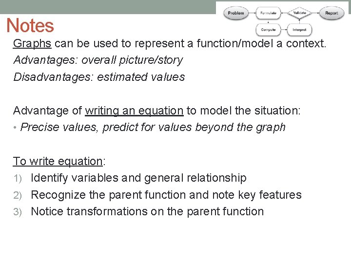 Notes Graphs can be used to represent a function/model a context. Advantages: overall picture/story