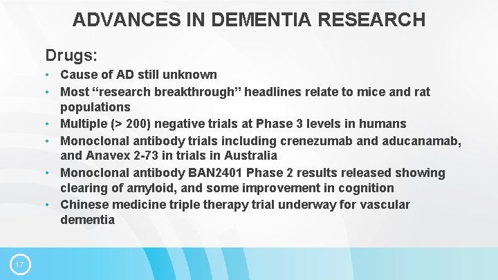 ADVANCES IN DEMENTIA RESEARCH Drugs: • Cause of AD still unknown • Most “research