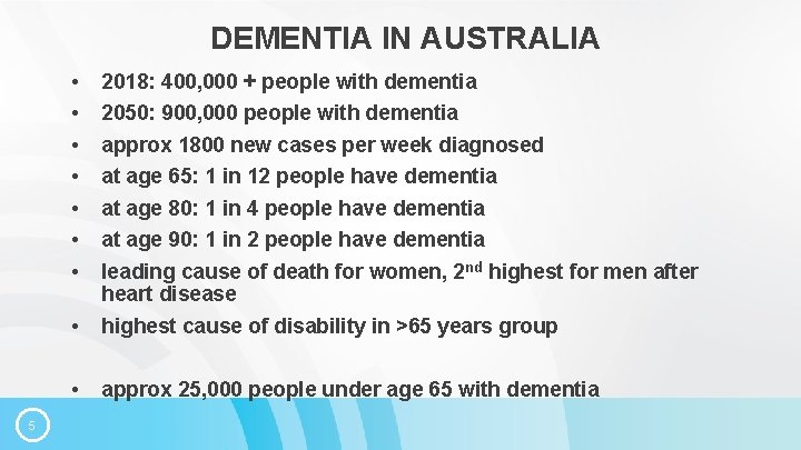 DEMENTIA IN AUSTRALIA 5 • • 2018: 400, 000 + people with dementia •