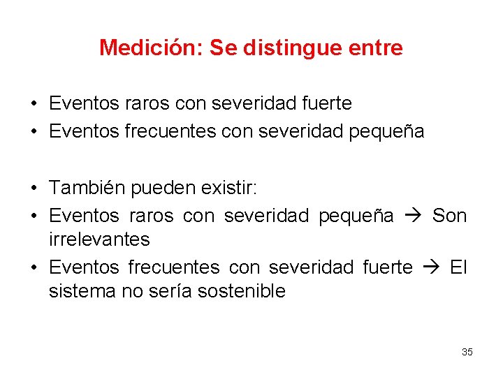 Medición: Se distingue entre • Eventos raros con severidad fuerte • Eventos frecuentes con Medición: Se distingue entre • Eventos raros con severidad fuerte • Eventos frecuentes con