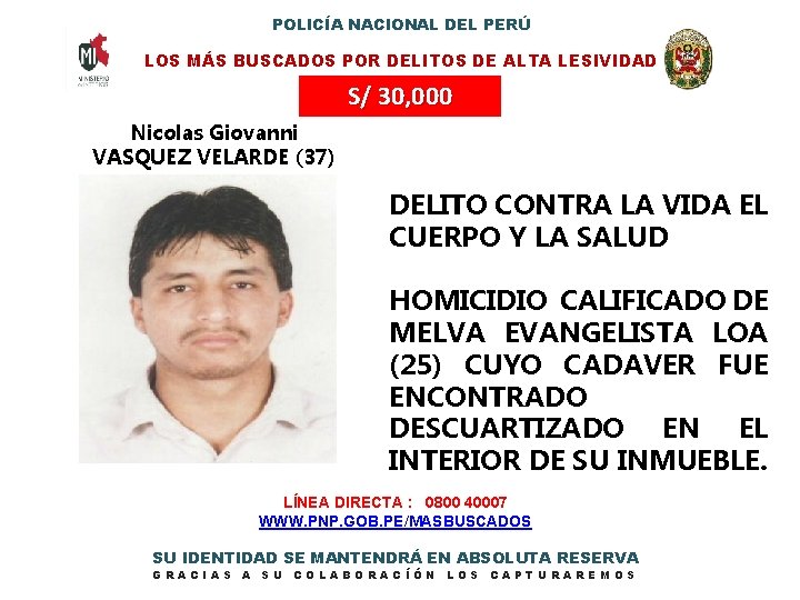 POLICÍA NACIONAL DEL PERÚ LOS MÁS BUSCADOS POR DELITOS DE ALTA LESIVIDAD S/ 30,