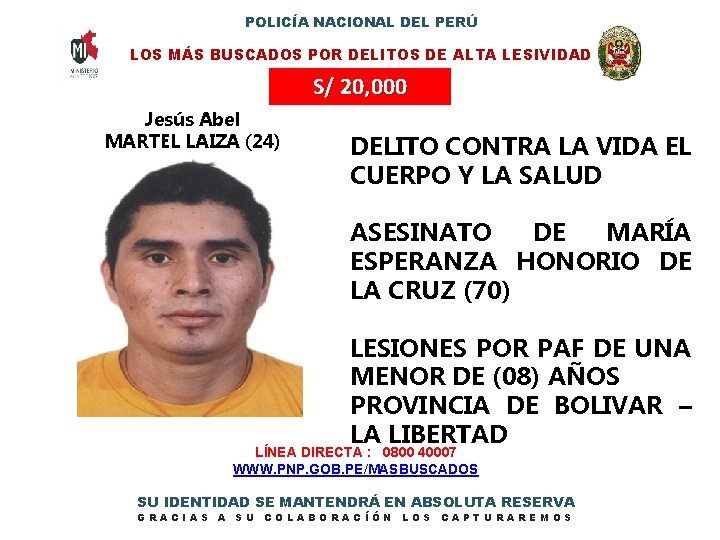 POLICÍA NACIONAL DEL PERÚ LOS MÁS BUSCADOS POR DELITOS DE ALTA LESIVIDAD S/ 20,