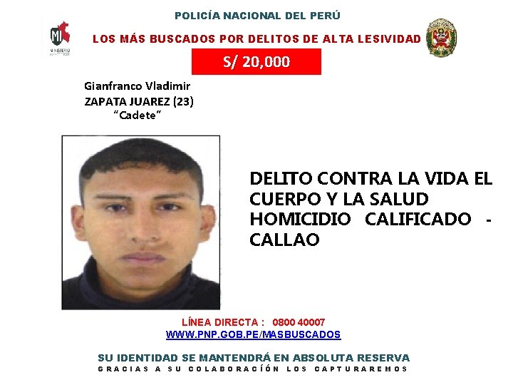 POLICÍA NACIONAL DEL PERÚ LOS MÁS BUSCADOS POR DELITOS DE ALTA LESIVIDAD S/ 20,