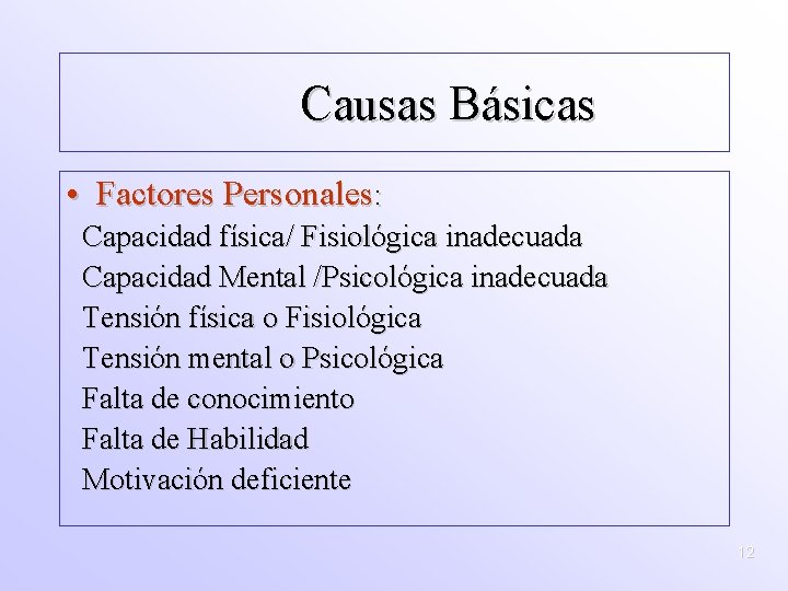 Causas Básicas • Factores Personales: Capacidad física/ Fisiológica inadecuada Capacidad Mental /Psicológica inadecuada Tensión