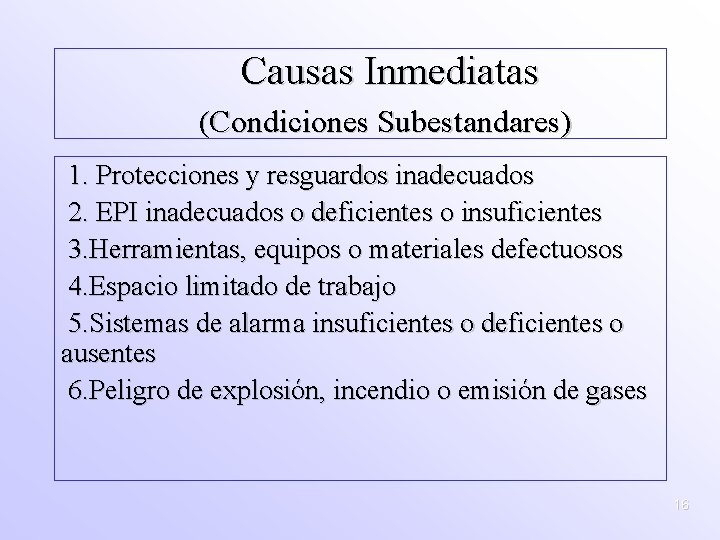 Causas Inmediatas (Condiciones Subestandares) 1. Protecciones y resguardos inadecuados 2. EPI inadecuados o deficientes