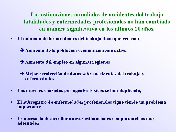 Las estimaciones mundiales de accidentes del trabajo fatalidades y enfermedades profesionales no han cambiado