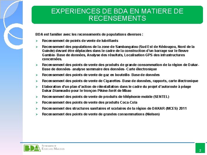 EXPERIENCES DE BDA EN MATIERE DE RECENSEMENTS BDA est familier avec les recensements de