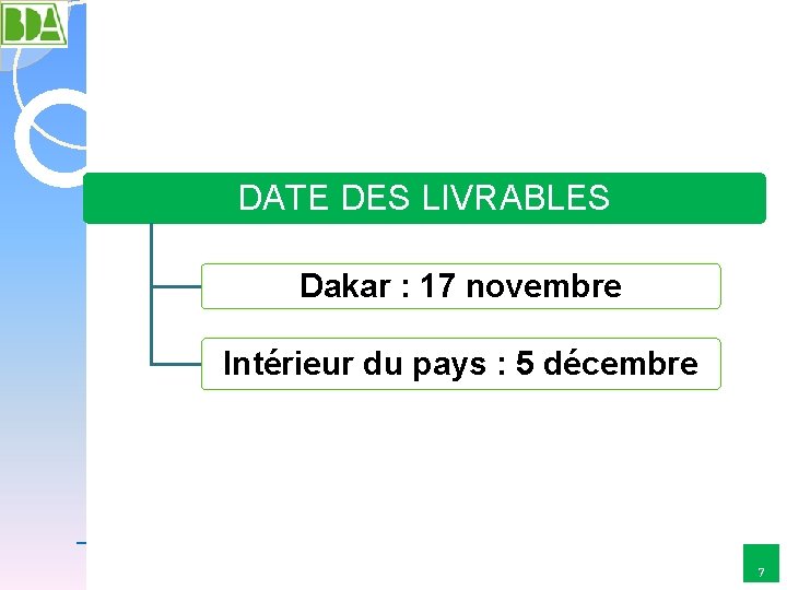 DATE DES LIVRABLES Dakar : 17 novembre Intérieur du pays : 5 décembre 7