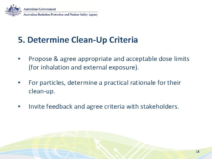 5. Determine Clean-Up Criteria • Propose & agree appropriate and acceptable dose limits (for