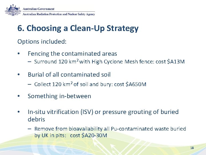 6. Choosing a Clean-Up Strategy Options included: • Fencing the contaminated areas – Surround