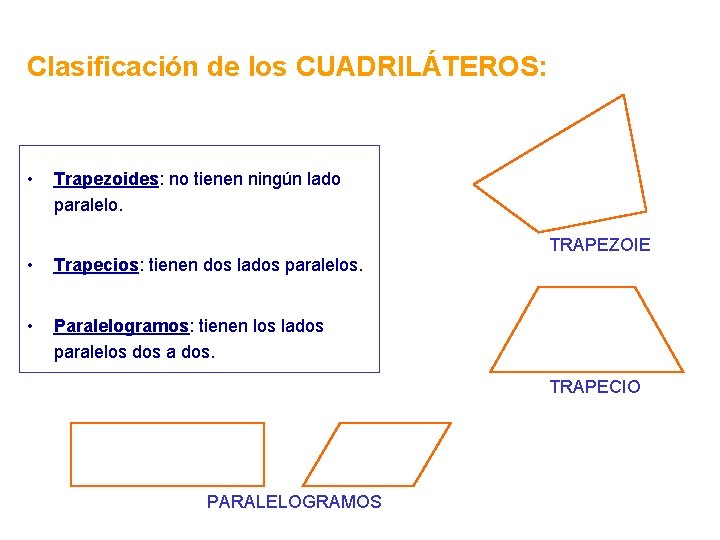 Clasificación de los CUADRILÁTEROS: • Trapezoides: no tienen ningún lado paralelo. • Trapecios: tienen Clasificación de los CUADRILÁTEROS: • Trapezoides: no tienen ningún lado paralelo. • Trapecios: tienen