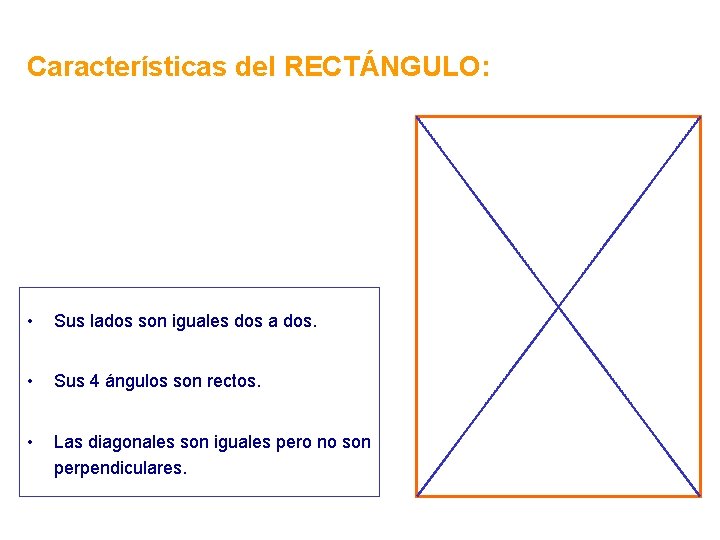 Características del RECTÁNGULO: • Sus lados son iguales dos a dos. • Sus 4 Características del RECTÁNGULO: • Sus lados son iguales dos a dos. • Sus 4