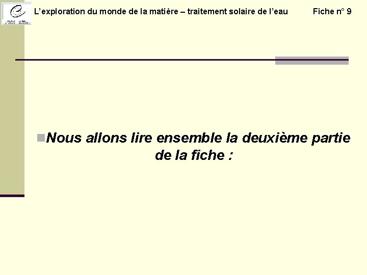 L’exploration du monde de la matière – traitement solaire de l’eau Fiche n° 9