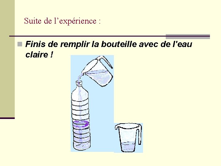 Suite de l’expérience : n Finis de remplir la bouteille avec de l'eau claire