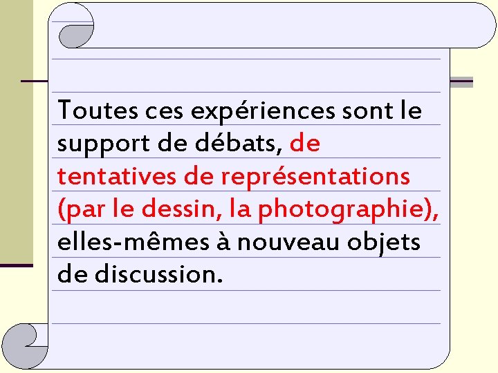 Toutes ces expériences sont le support de débats, de tentatives de représentations (par le