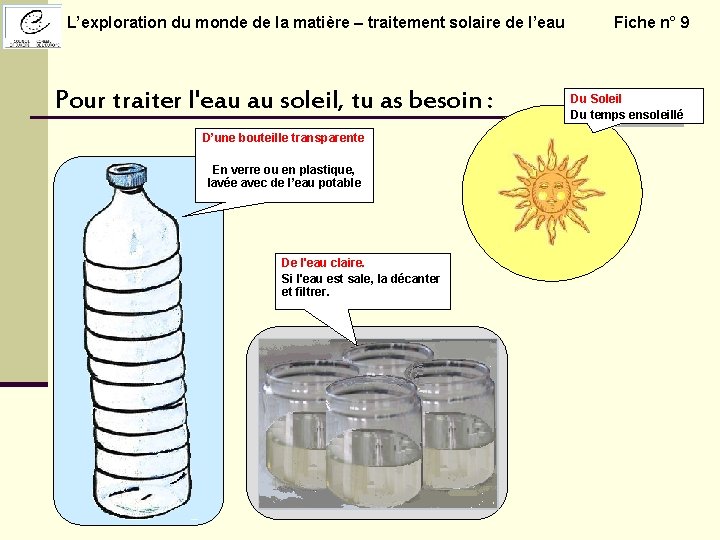 L’exploration du monde de la matière – traitement solaire de l’eau Fiche n° 9