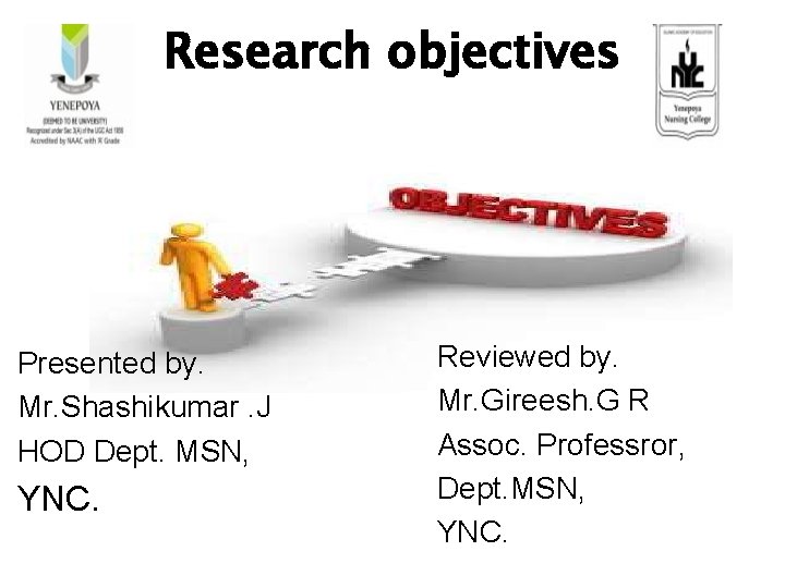 Research objectives Presented by. Mr. Shashikumar. J HOD Dept. MSN, YNC. Reviewed by. Mr.
