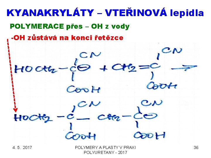 KYANAKRYLÁTY – VTEŘINOVÁ lepidla POLYMERACE přes – OH z vody -OH zůstává na konci