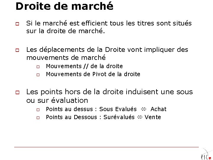 Droite de marché o o Si le marché est efficient tous les titres sont