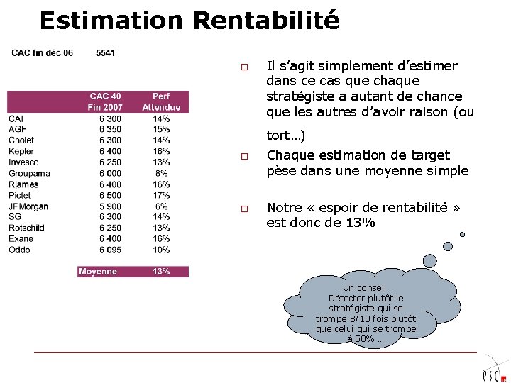 Estimation Rentabilité o Il s’agit simplement d’estimer dans ce cas que chaque stratégiste a