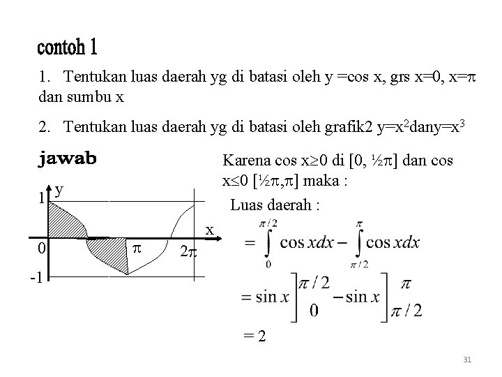 1. Tentukan luas daerah yg di batasi oleh y =cos x, grs x=0, x=