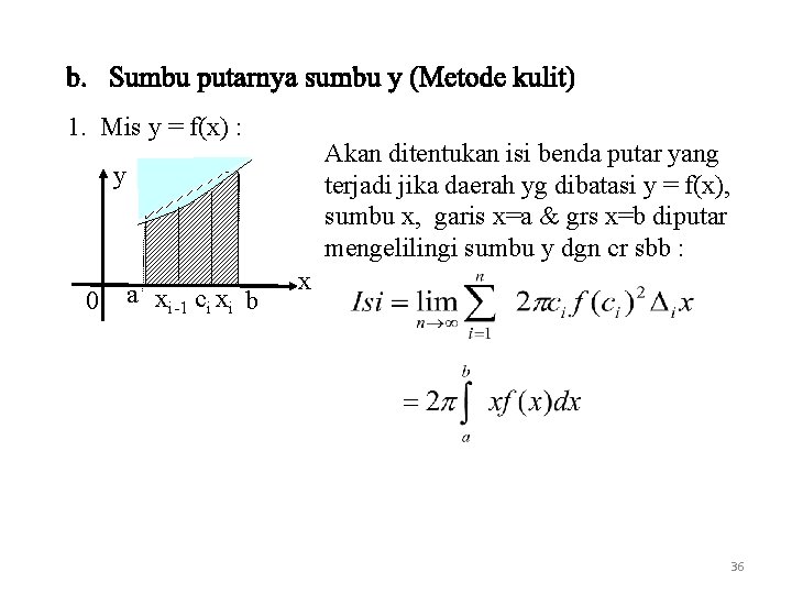 1. Mis y = f(x) : Akan ditentukan isi benda putar yang terjadi jika