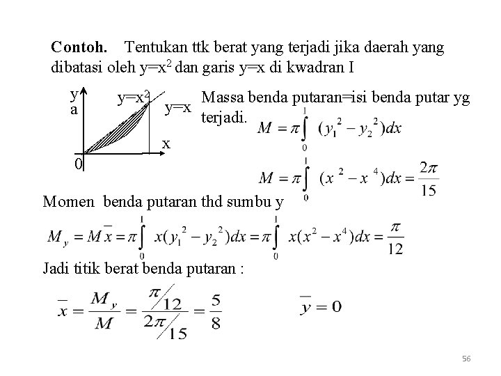 Contoh. Tentukan ttk berat yang terjadi jika daerah yang dibatasi oleh y=x 2 dan