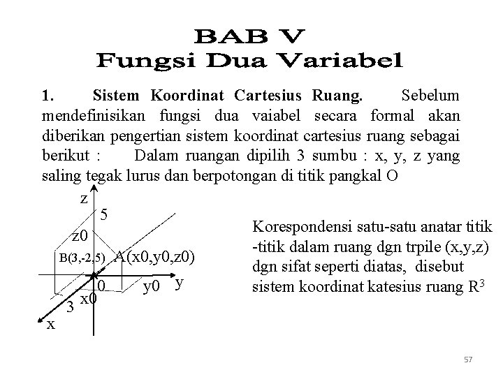 1. Sistem Koordinat Cartesius Ruang. Sebelum mendefinisikan fungsi dua vaiabel secara formal akan diberikan