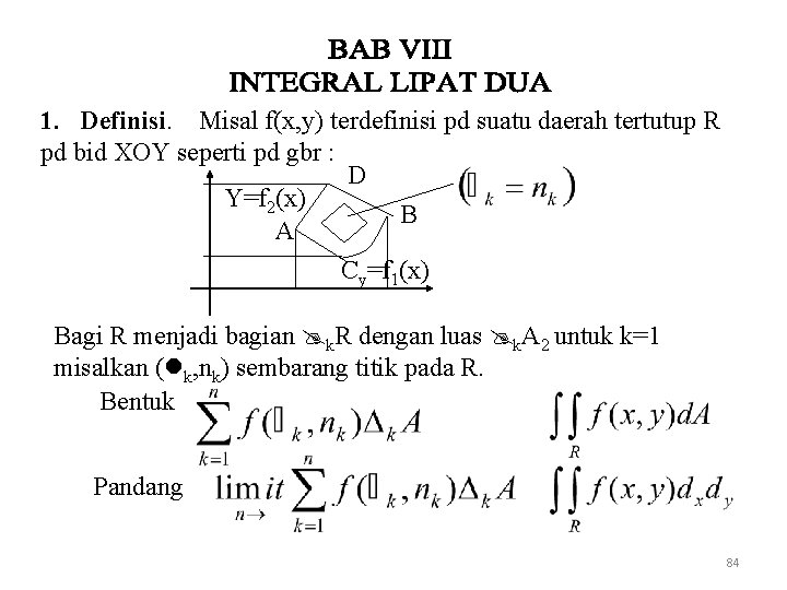 1. Definisi. Misal f(x, y) terdefinisi pd suatu daerah tertutup R pd bid XOY