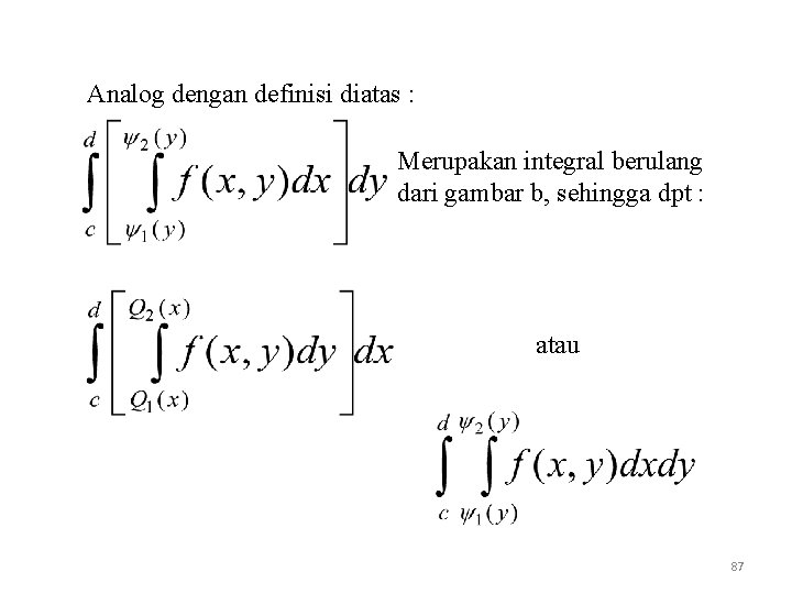 Analog dengan definisi diatas : Merupakan integral berulang dari gambar b, sehingga dpt :