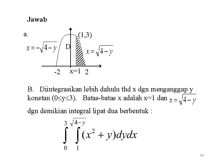 Jawab a. (1, 3) D -2 x=1 2 B. Diintegrasikan lebih dahulu thd x