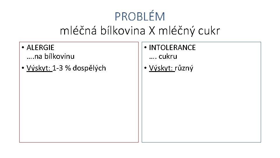 PROBLÉM mléčná bílkovina X mléčný cukr • ALERGIE …. na bílkovinu • Výskyt: 1