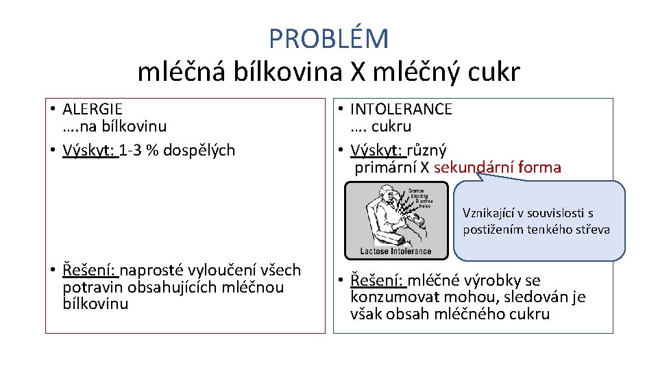 PROBLÉM mléčná bílkovina X mléčný cukr • ALERGIE …. na bílkovinu • Výskyt: 1