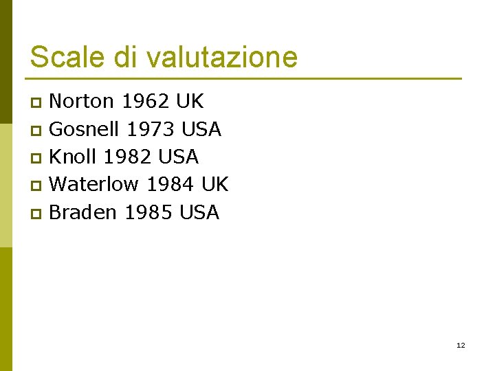 Scale di valutazione Norton 1962 UK p Gosnell 1973 USA p Knoll 1982 USA Scale di valutazione Norton 1962 UK p Gosnell 1973 USA p Knoll 1982 USA