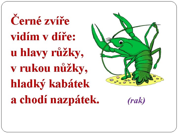 Černé zvíře vidím v díře: u hlavy růžky, v rukou nůžky, hladký kabátek a