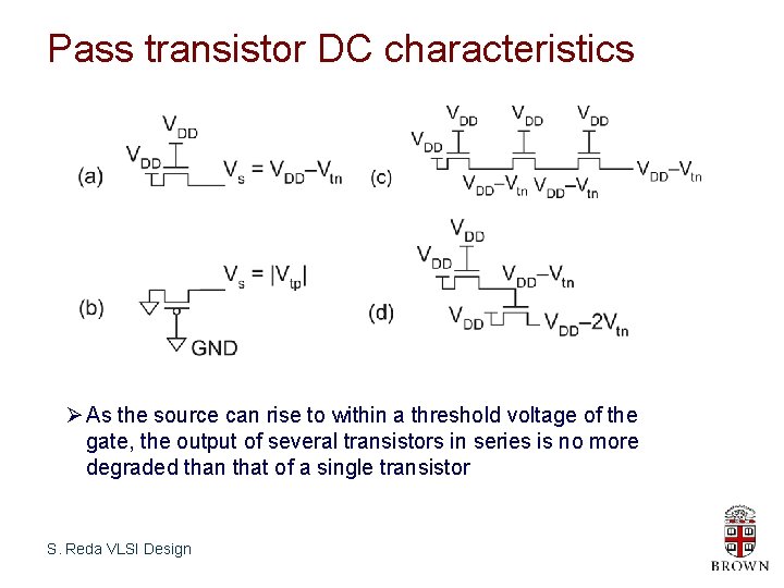 Pass transistor DC characteristics Ø As the source can rise to within a threshold