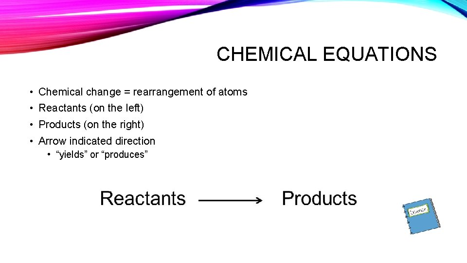 CHEMICAL EQUATIONS • Chemical change = rearrangement of atoms • Reactants (on the left)